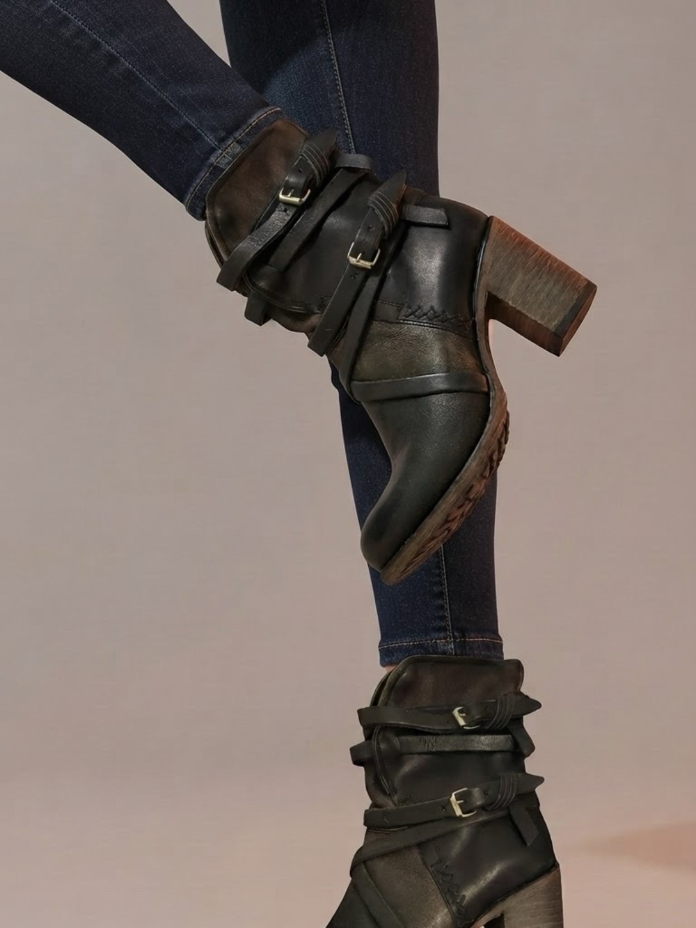 Free Bird Women’s Black Leather Strappy Block Heel Ankle Boots - BAKER